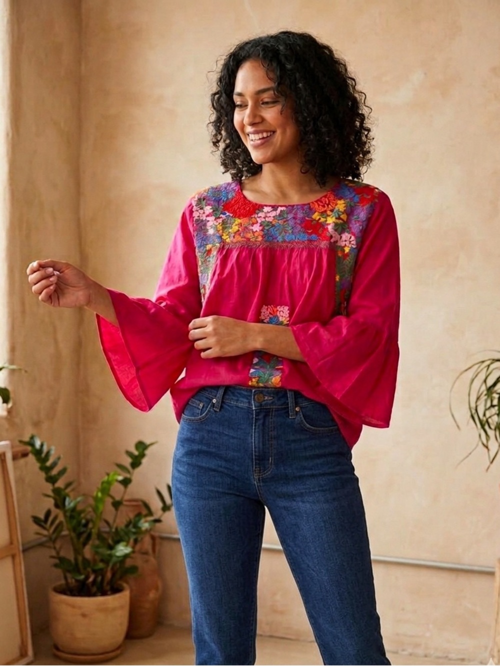 J. Marie Bright Pink Linen Blend Floral Embroidered Boho Top S Peasant sleeve